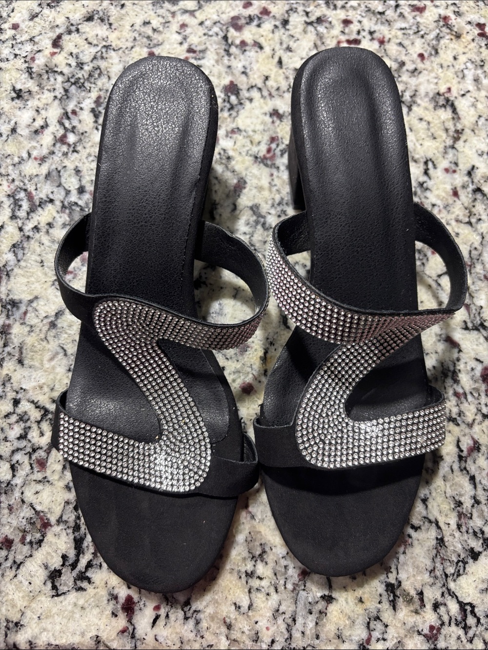 J.Renee Black Slide Heels with Silver Crystal S-Strap